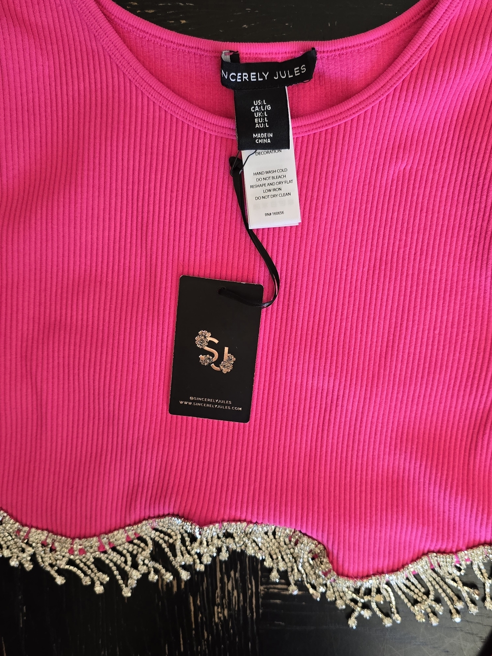 NWT Sincerely Jules Bright Pink Long Sleeve Beaded Crop Top Womens Sz Large - Picture 3 of 11